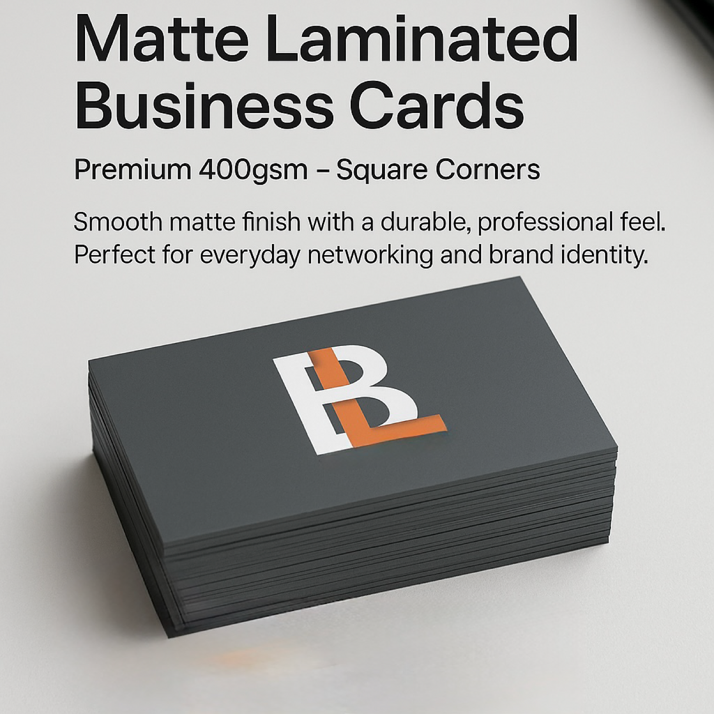 Business Cards — 400gsm Matt Lamination (Double‑Sided)  — Design + Print